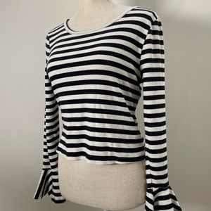 MAEVE by Anthropologie Black and White Striped Long Ruffle Sleeve Crop Top